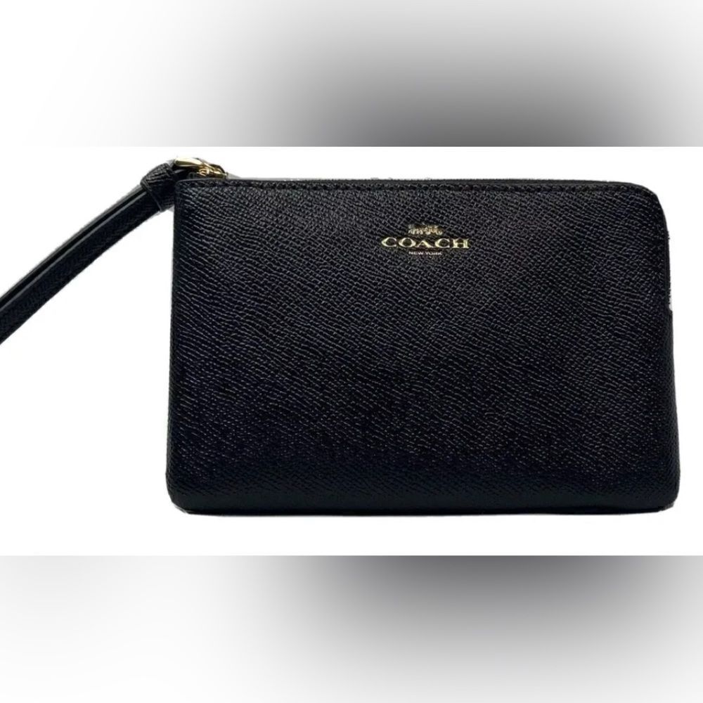 New COACH Wristlet Wallet Black Leather Gold Corner Zip F58032 - Picture 3 of 3